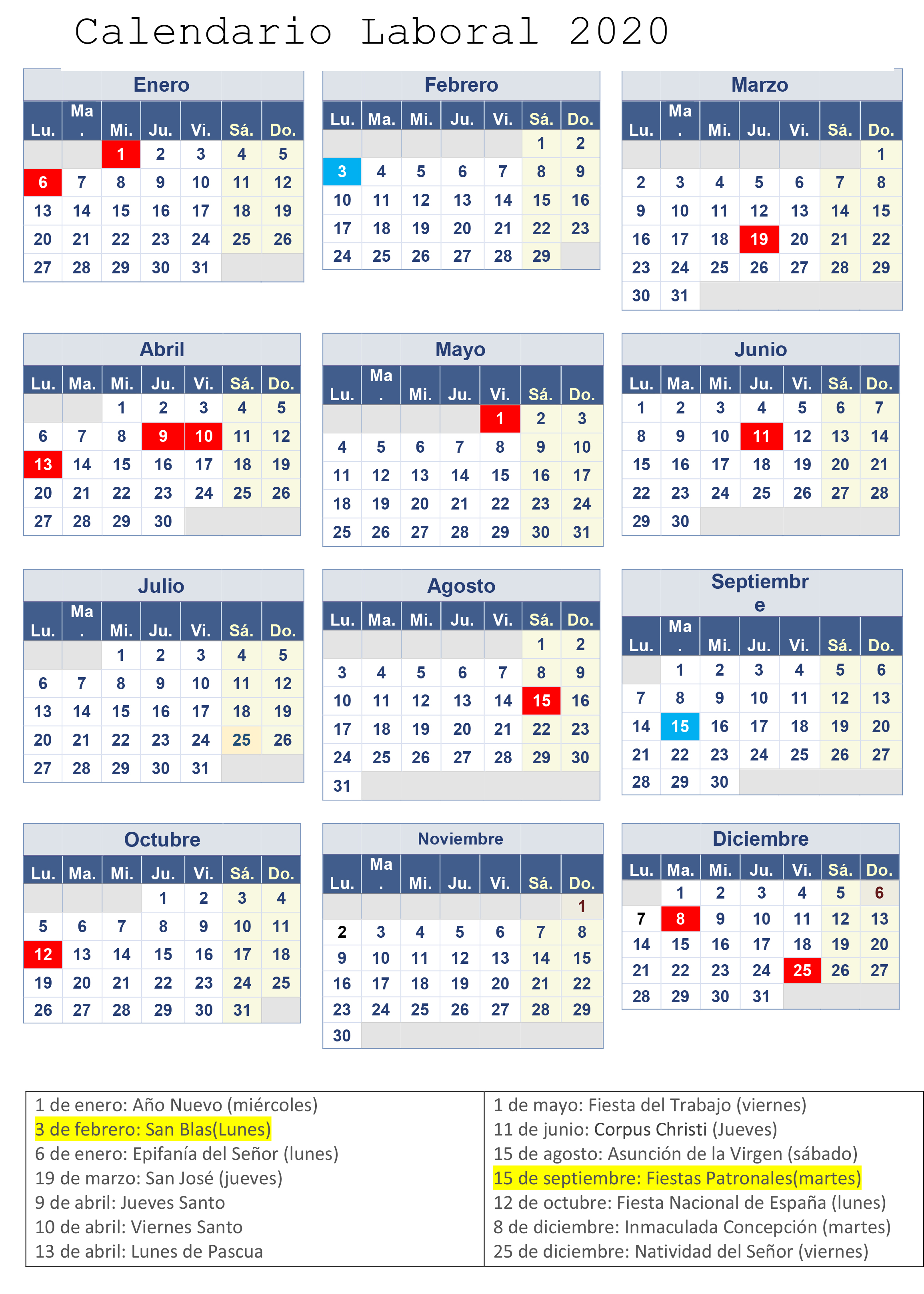 CALENDARIO LABORAL 2020